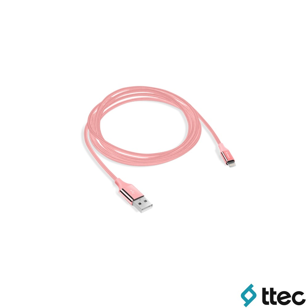 Pembe bir USB-A - Lightning kablosu beyaz zeminde sarılıdır.