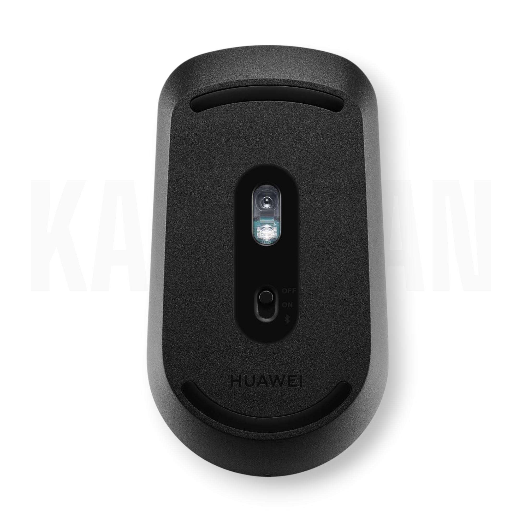 Parte inferior de un ratón Huawei negro mostrando el sensor y el interruptor.
