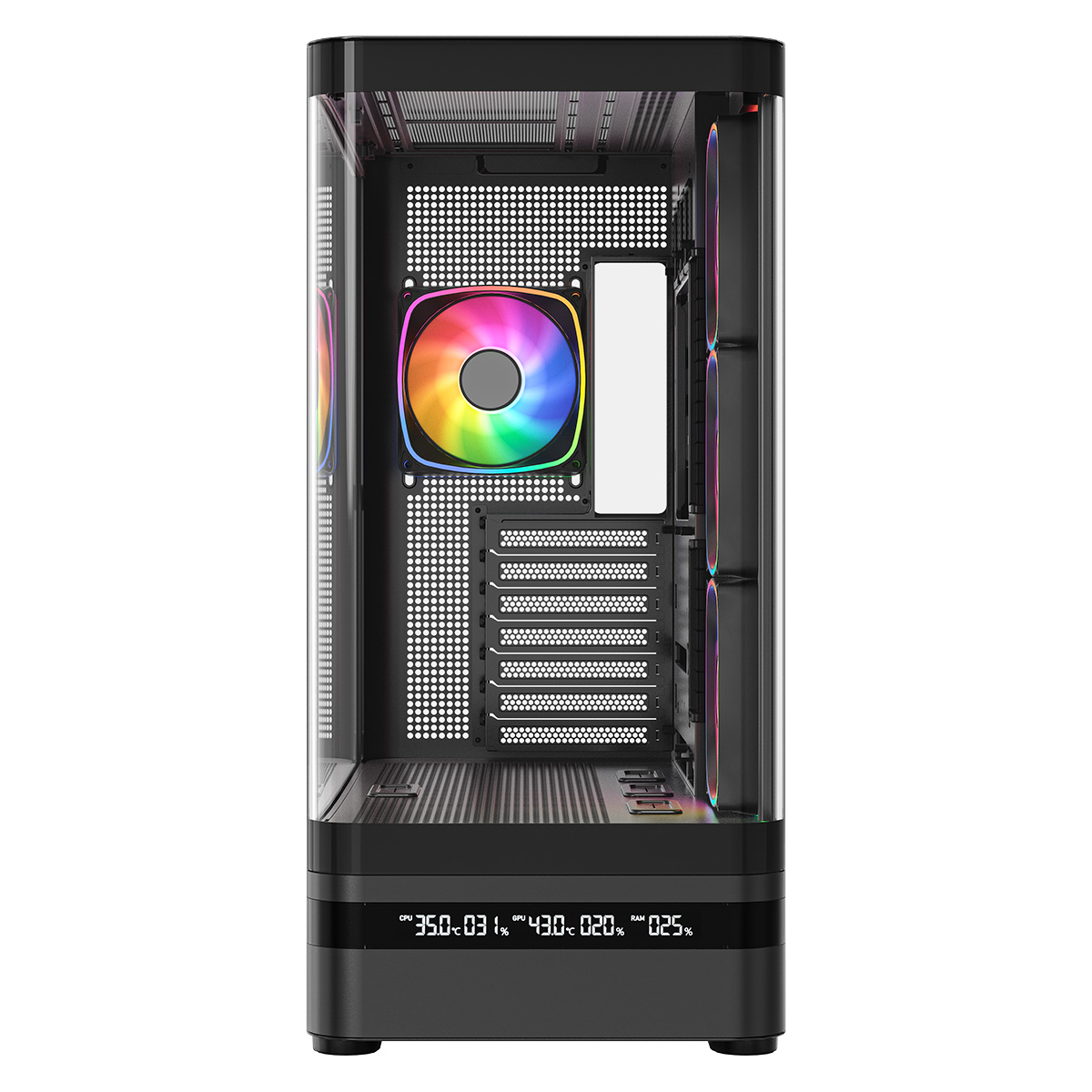 Czarna obudowa komputera z wentylatorami RGB i cyfrowym wyświetlaczem na dole.
