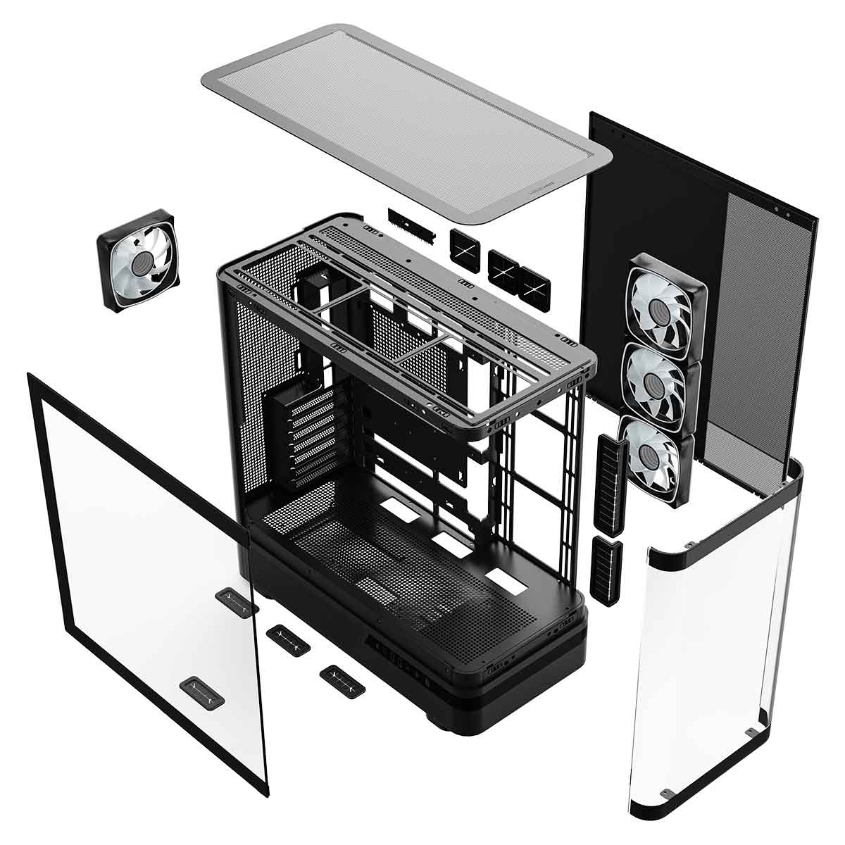 Zdemontowana czarna rama obudowy komputera z wentylatorami, panelami bocznymi i górną częścią.