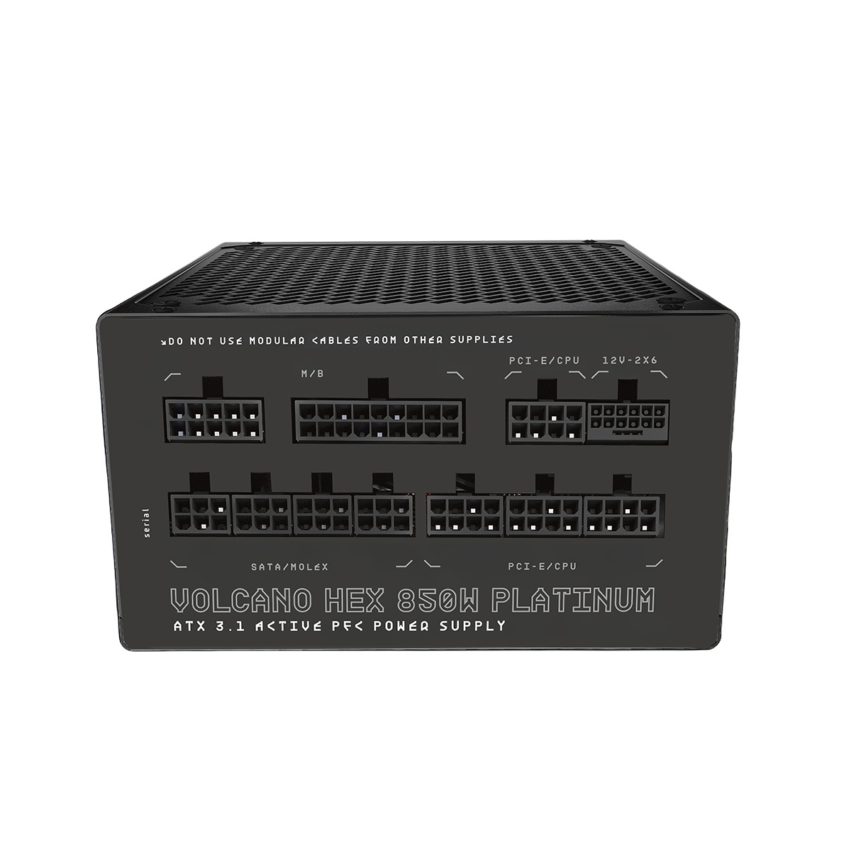 Czarny zasilacz z wieloma portami z etykietami M/B, SATA/MOLEX, PCI-E/CPU.