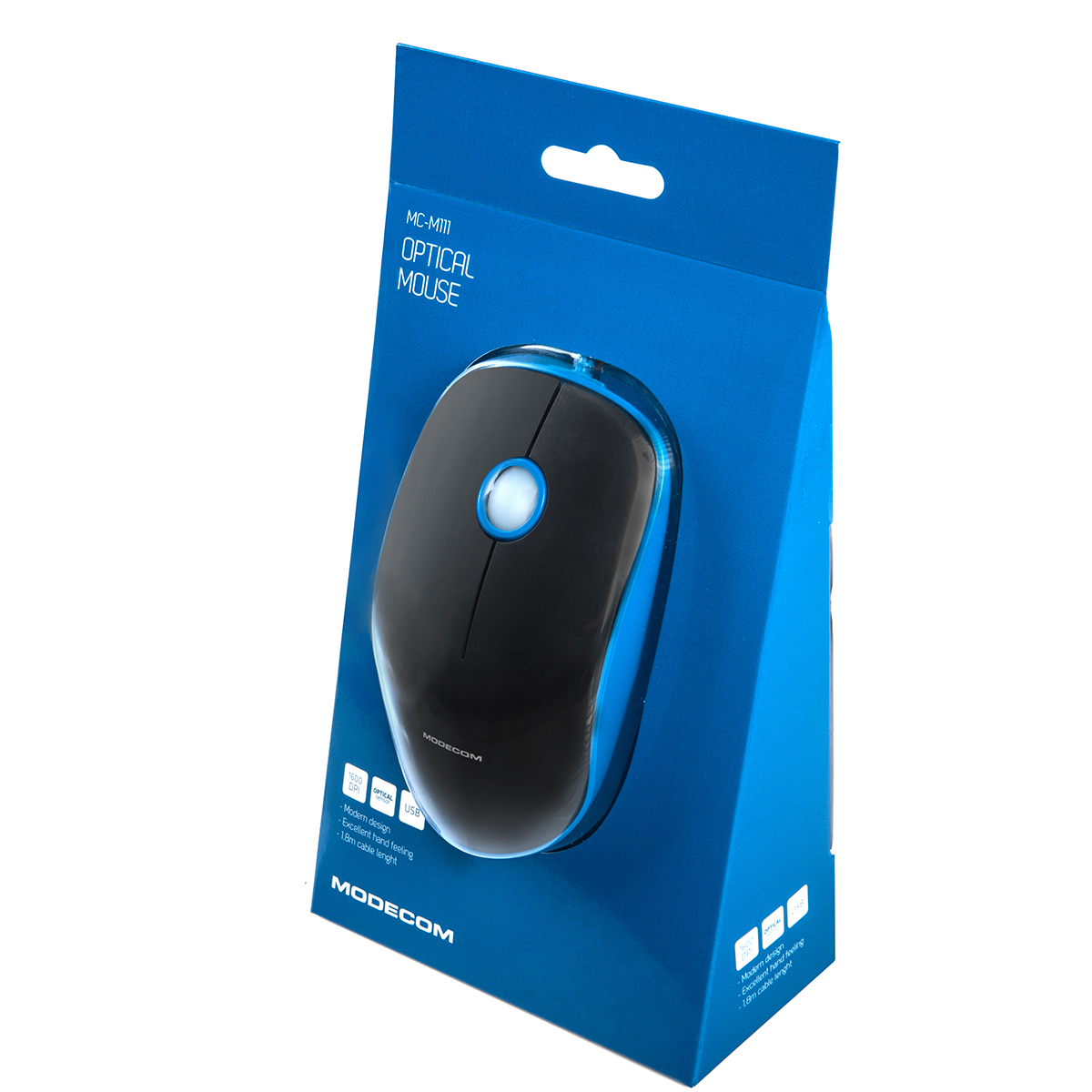 Czarna i niebieska mysz w opakowaniu. Napis: OPTICAL MOUSE.