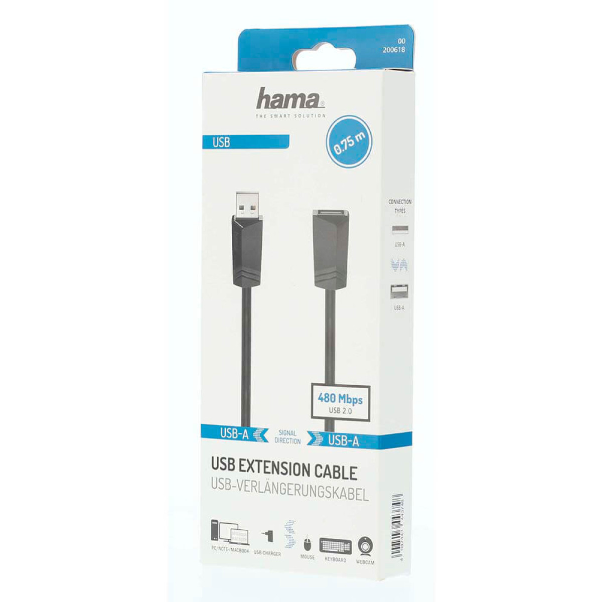 Cavo prolunga USB Hama, 0,75m, USB 2.0, 480 Mbps.
