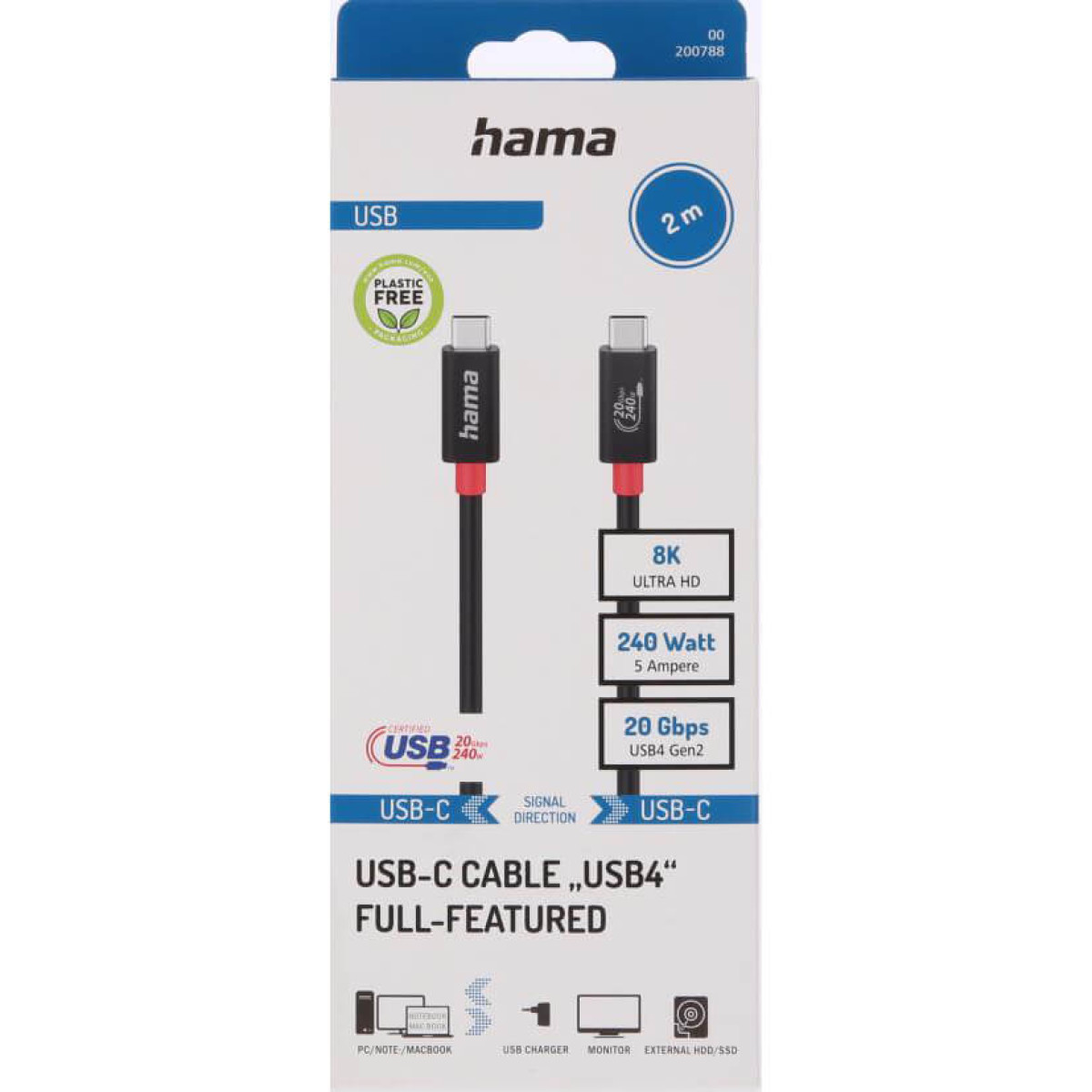 Cavo Hama USB-C, 2m, confezione senza plastica, 8K, 240W, 20Gbps USB4 Gen2.