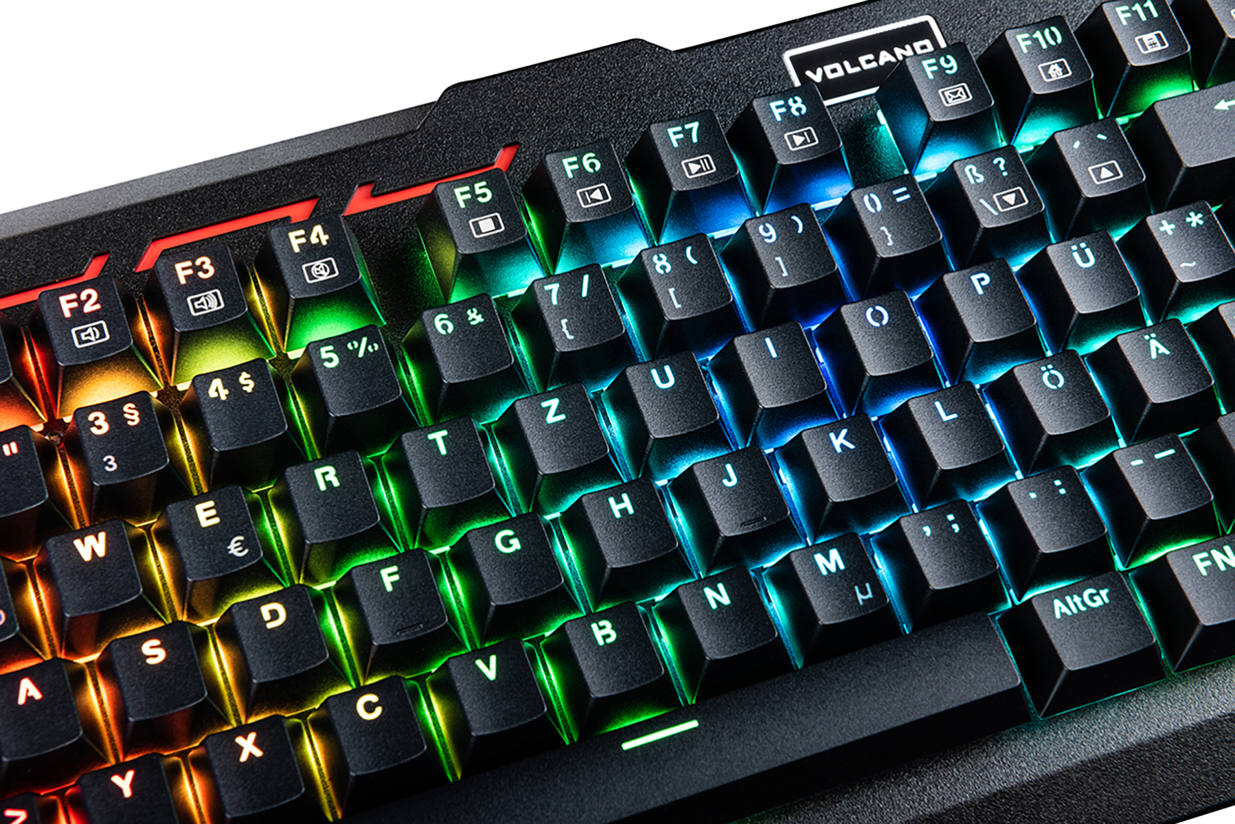 Zbliżenie czarnej klawiatury z kolorowym podświetleniem RGB.