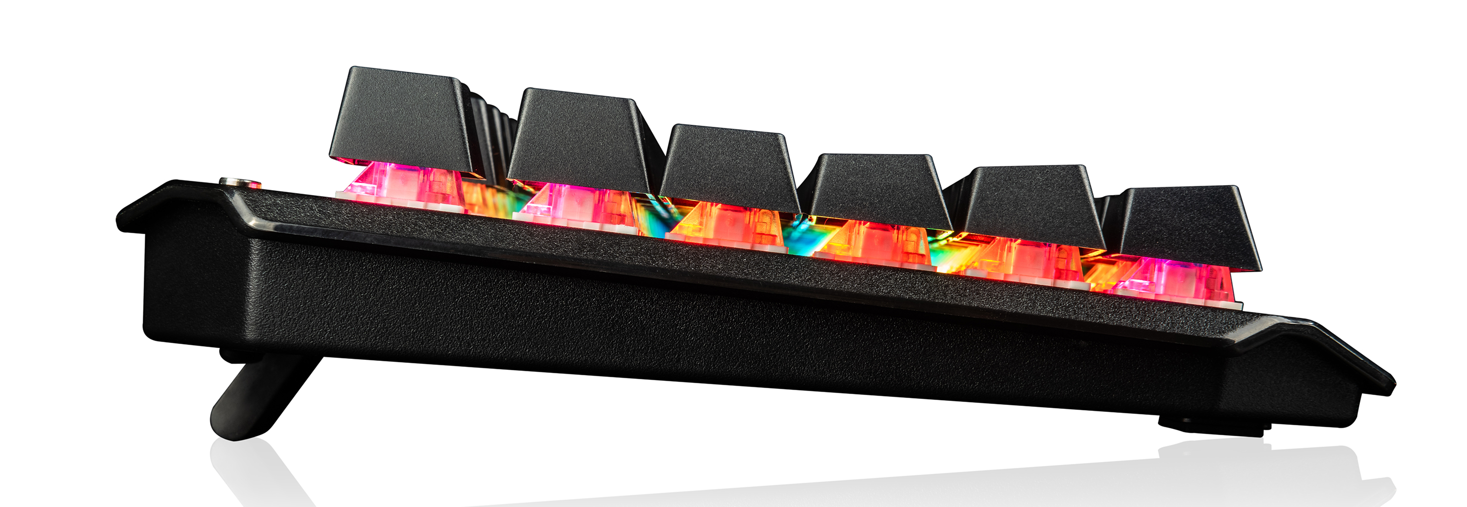 Czarna klawiatura mechaniczna z podświetleniem RGB, widziana z boku.