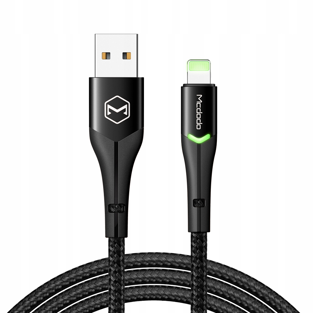 Işıklı yeşil konektörlü siyah Mcdodo USB-A - Lightning kablosu.