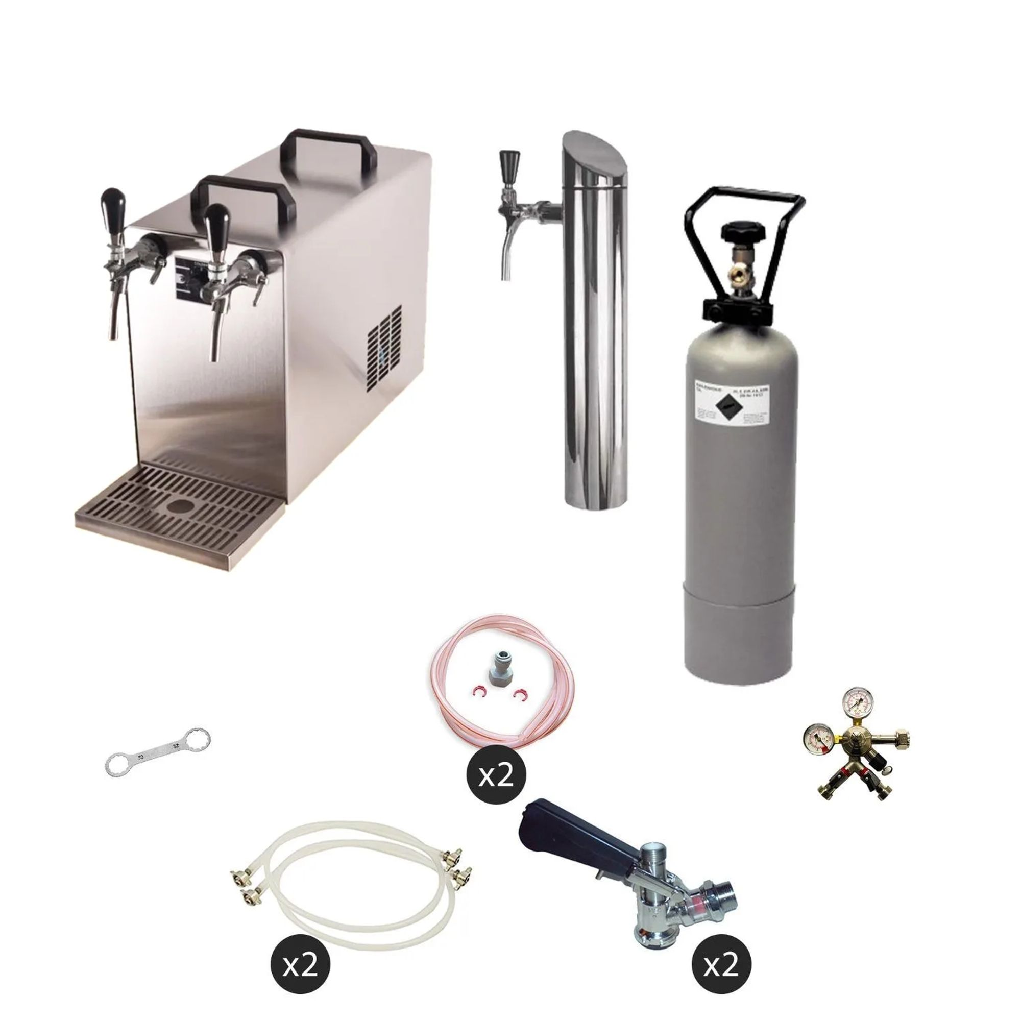 A beer dispensing system with two taps, a CO2 tank, regulator, hoses, and a wrench.
