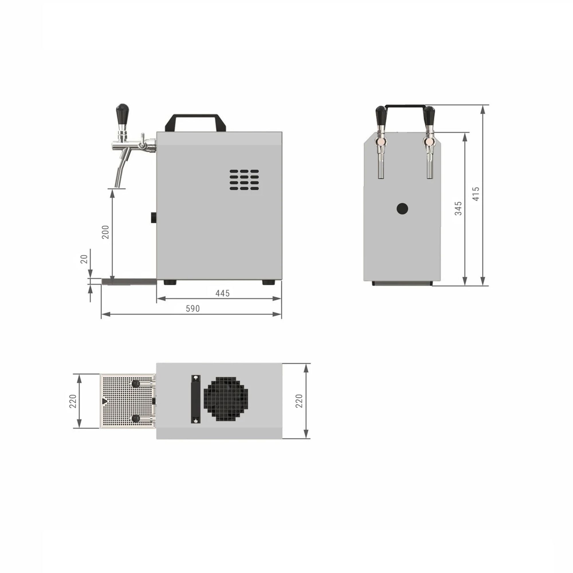 Technical drawing of a beer dispenser with taps and dimensions.