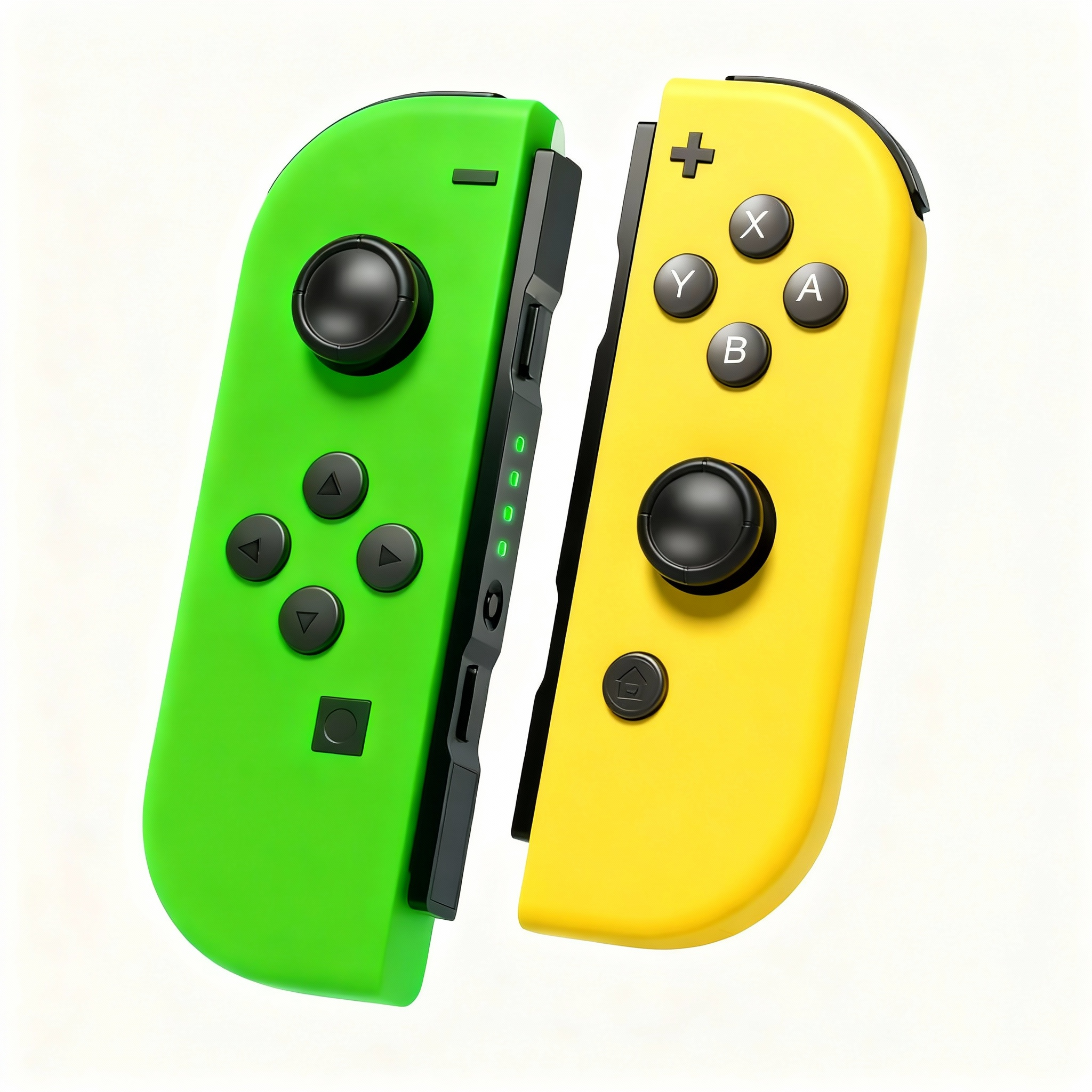 Un controlador Joy-Con verde y uno amarillo están uno al lado del otro.