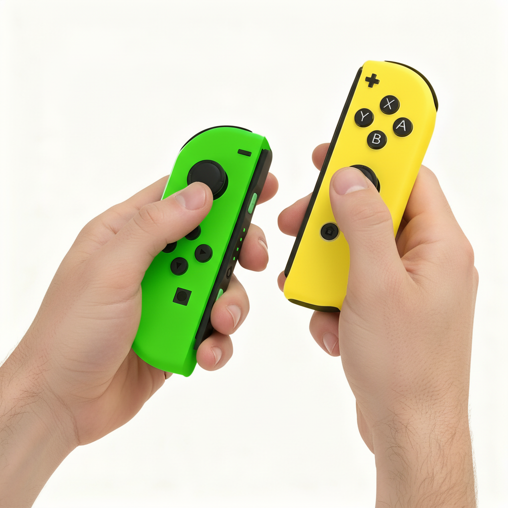 Dos manos sostienen controladores Joy-Con verdes y amarillos de Nintendo Switch sobre fondo blanco.