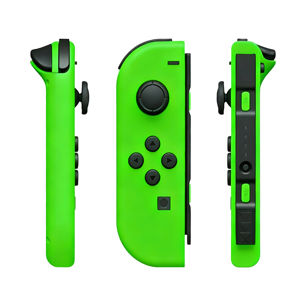 Tres mandos Nintendo Joy-Con verdes uno al lado del otro sobre fondo blanco.