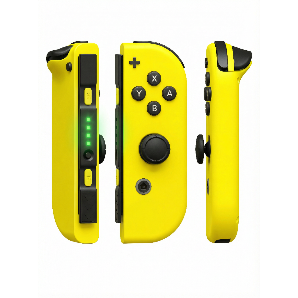 Tres mandos Joy-Con amarillos de Nintendo uno al lado del otro.