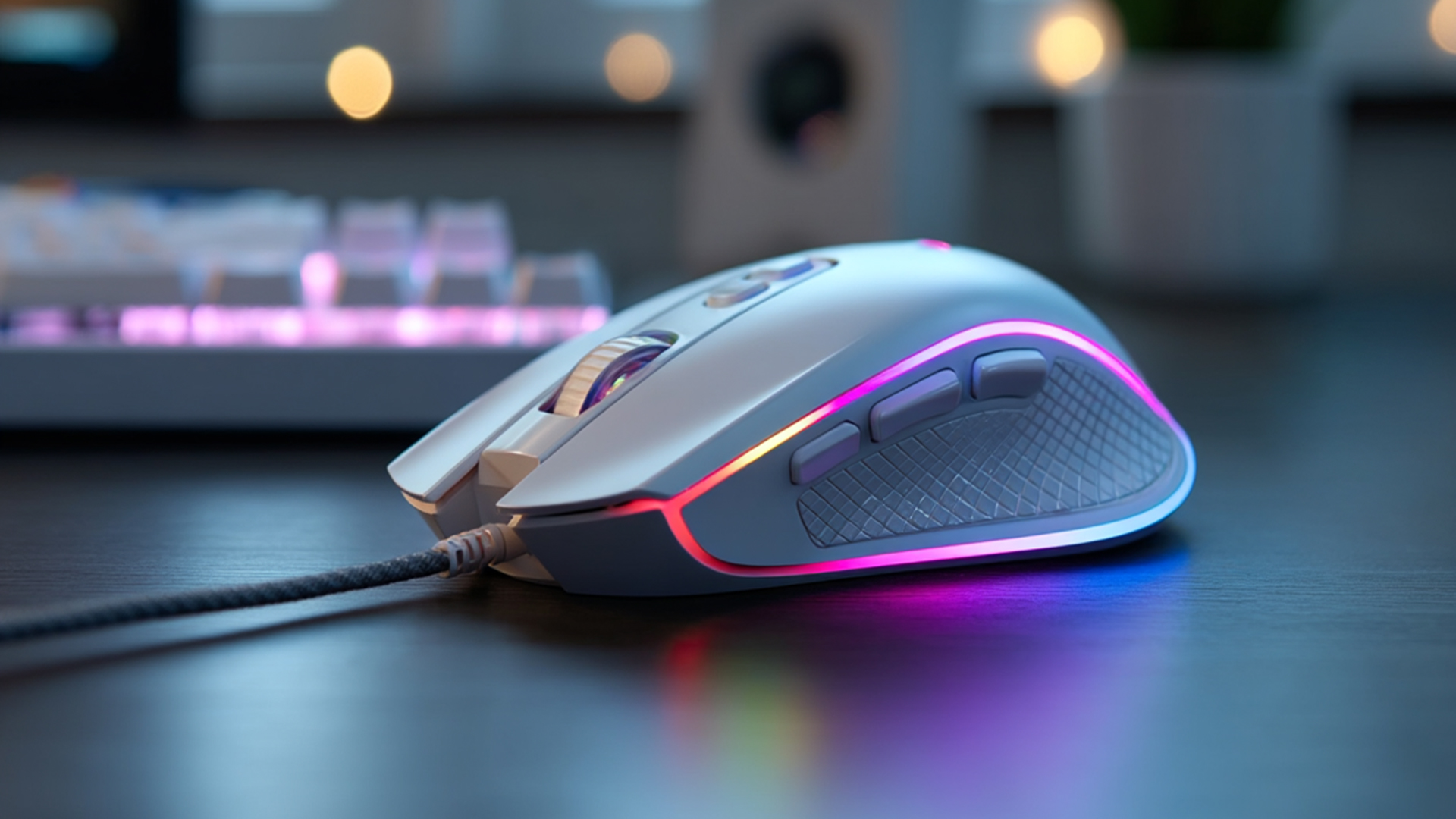 Biała mysz gamingowa z podświetleniem RGB na ciemnym biurku, obok klawiatury.