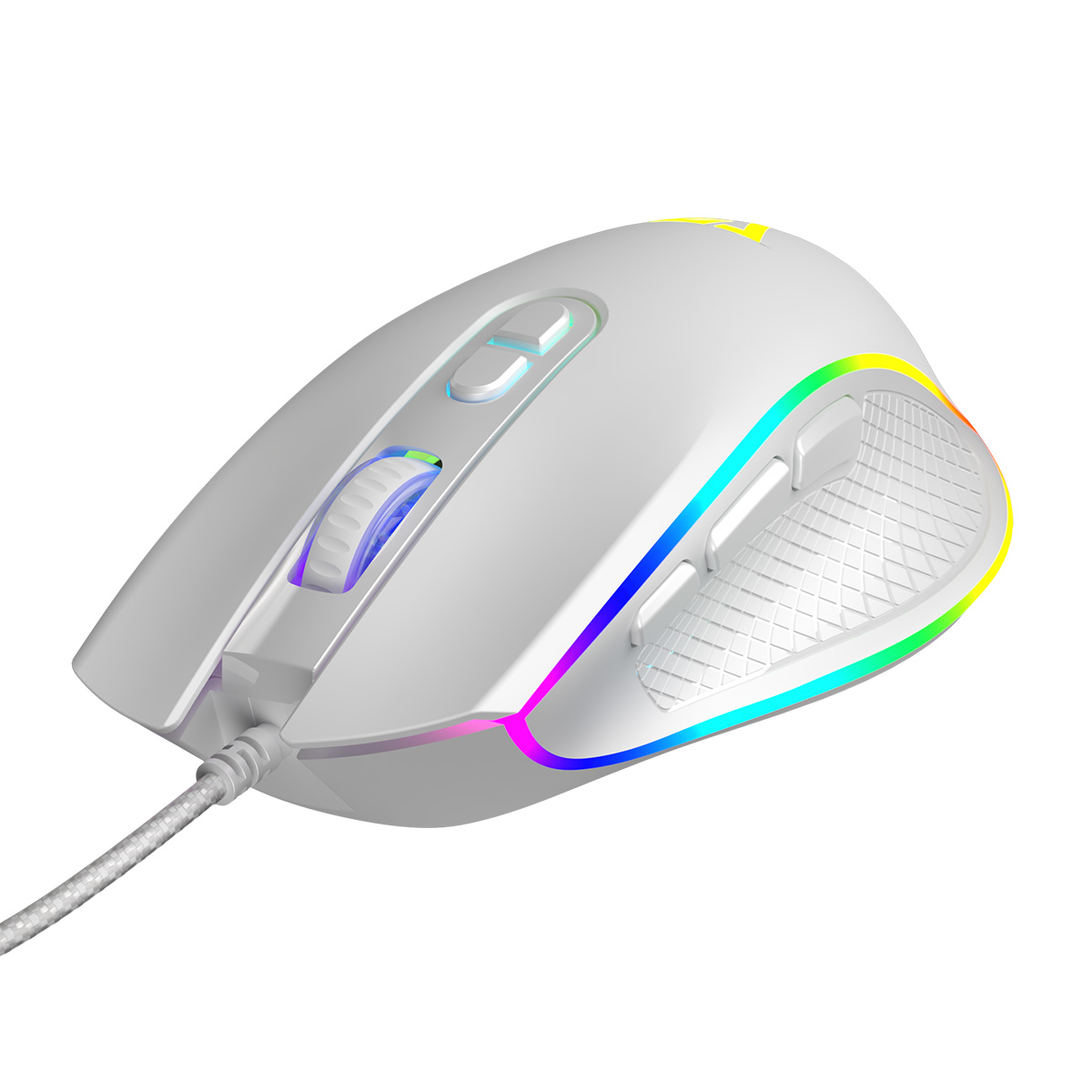 Biała mysz gamingowa z podświetleniem RGB i szarym kablem.