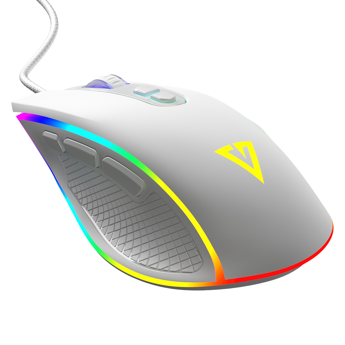 Biała mysz gamingowa z podświetleniem RGB i żółtym logo.