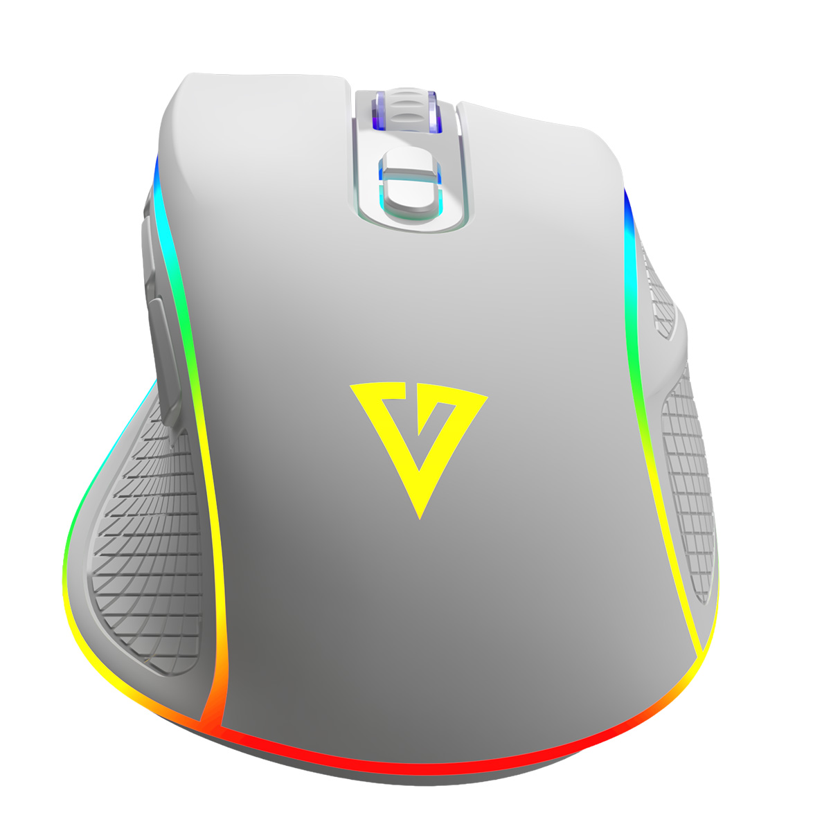 Biała mysz gamingowa z żółtym logo i podświetleniem RGB.
