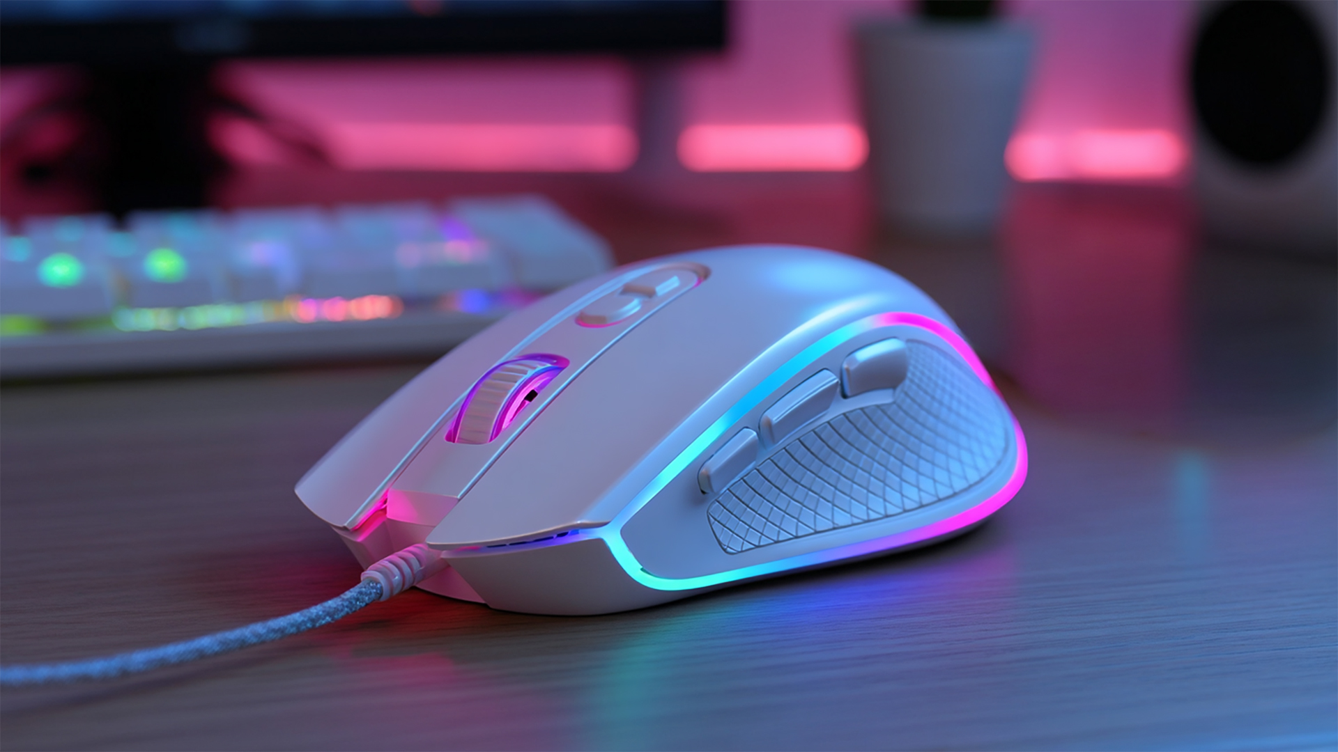 Biała mysz gamingowa z podświetleniem RGB na biurku obok klawiatury.