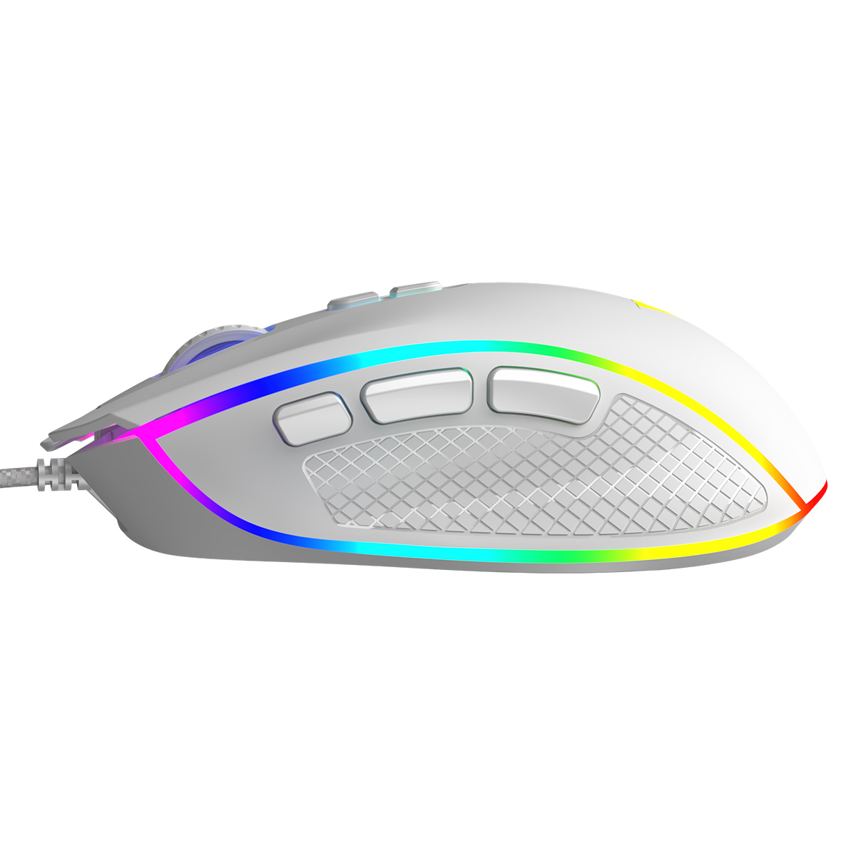 Biała mysz gamingowa z oświetleniem RGB wzdłuż krawędzi.