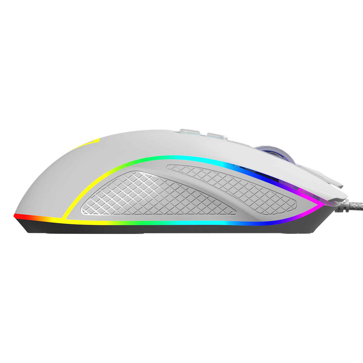 Biała mysz gamingowa z oświetleniem RGB, widziana z boku.