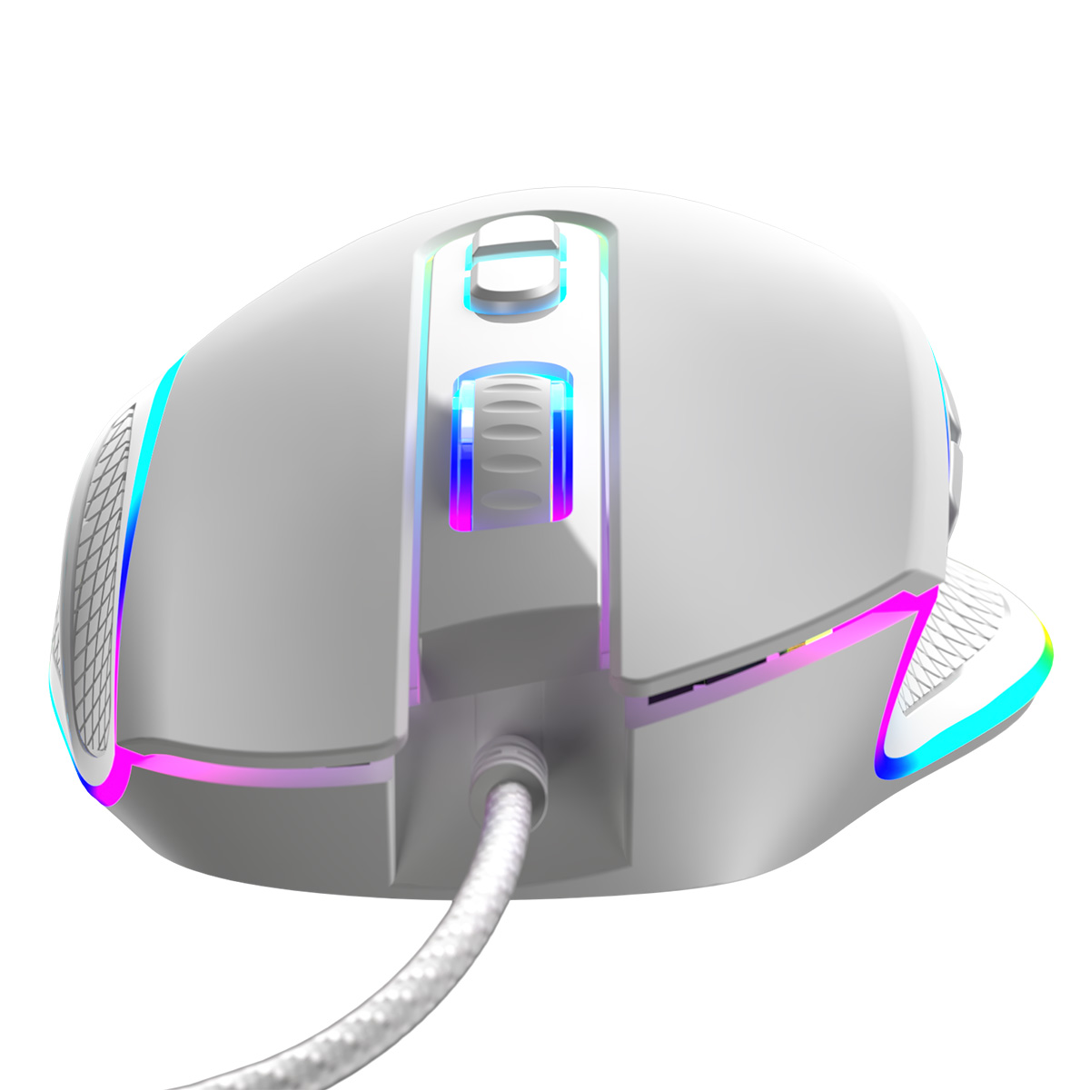 Biała mysz gamingowa z podświetleniem RGB i plecionym kablem.