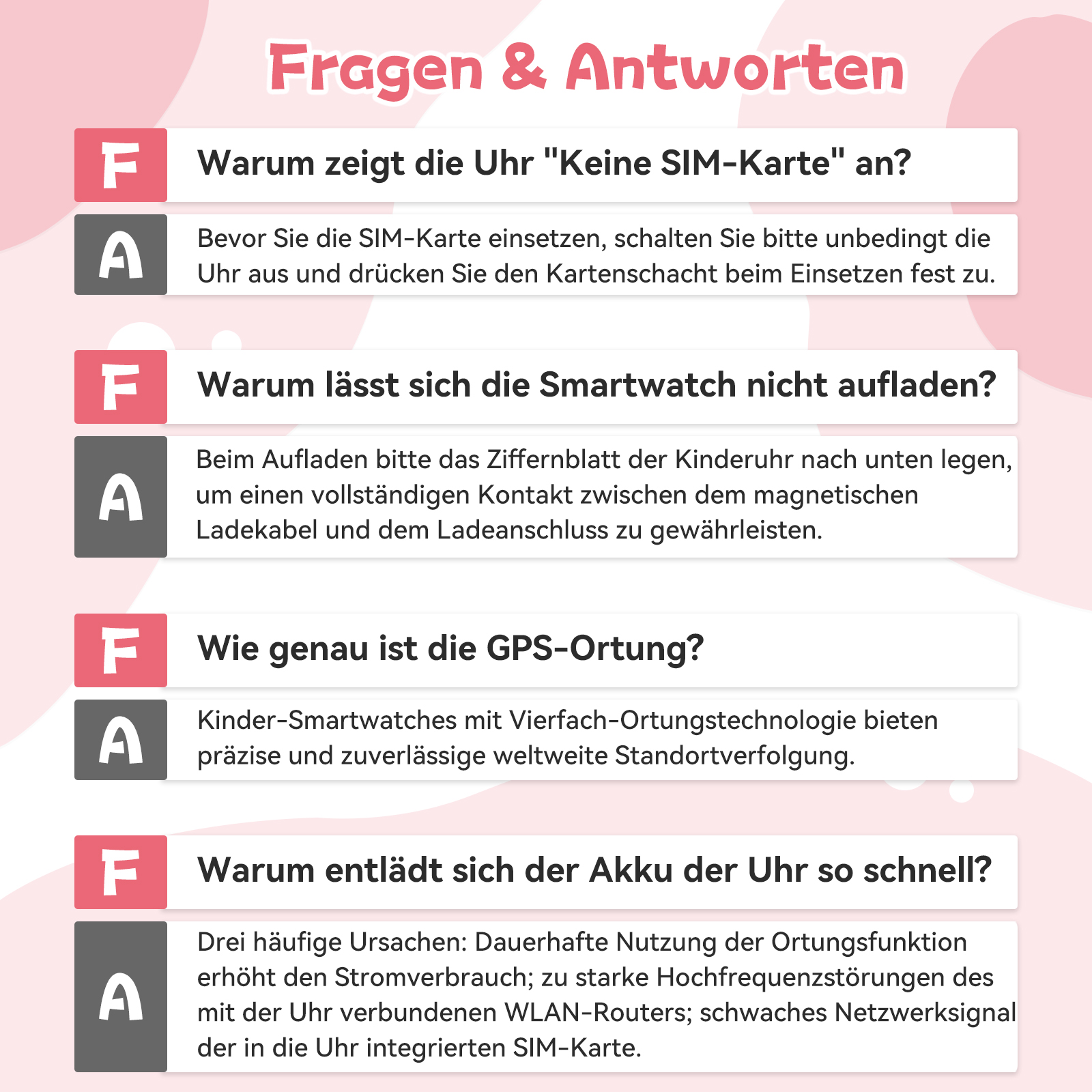 Fragen & Antworten zu SIM-Karten, Aufladen, GPS und Akku der Smartwatch.