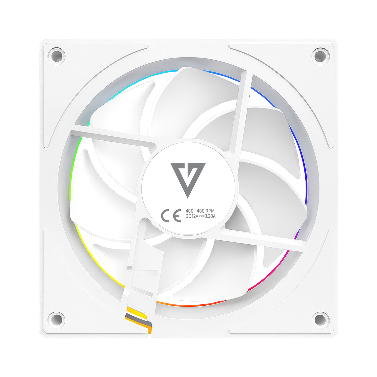 Biały wentylator komputerowy z oświetleniem RGB wokół łopatek. Środek z logo i specyfikacją.