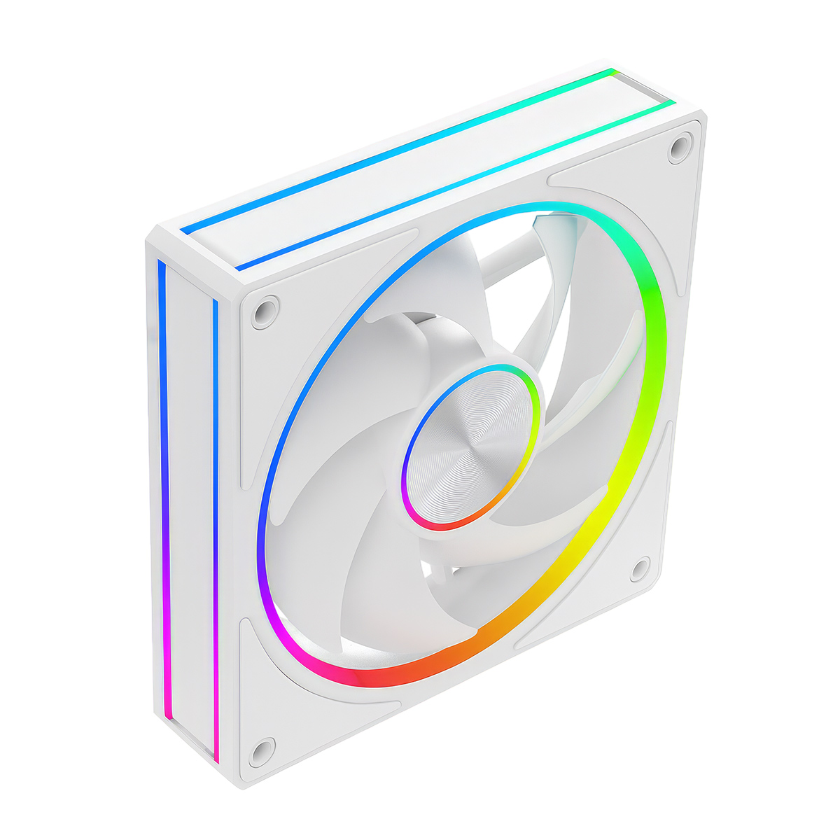 Biały wentylator PC z oświetleniem RGB na krawędziach i w środku.