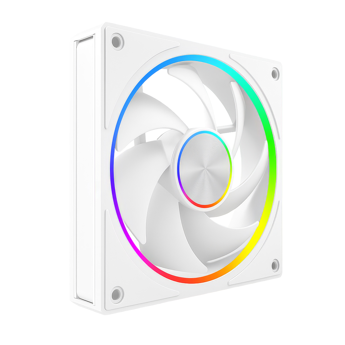 Biały wentylator PC z oświetleniem RGB, obracający się wokół srebrnego środka.