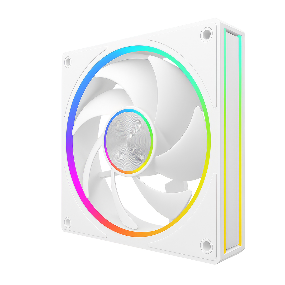 Biały wentylator komputerowy z podświetleniem RGB i srebrnym środkiem.