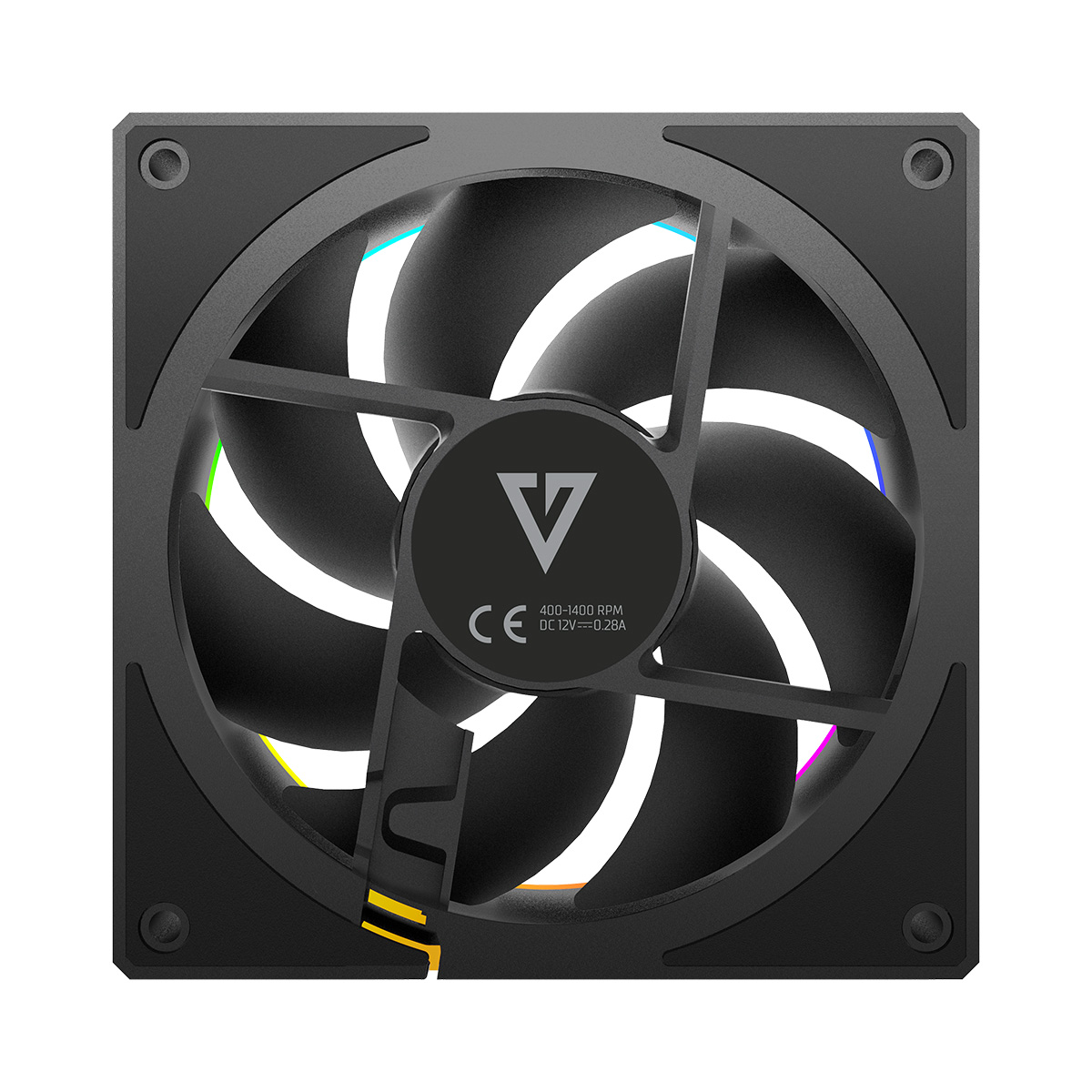 Czarny wentylator PC z podświetleniem RGB i srebrnym logo na białym tle.