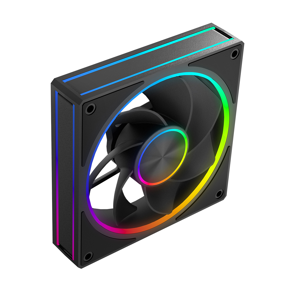 Czarny wentylator komputerowy z oświetleniem RGB na białym tle.