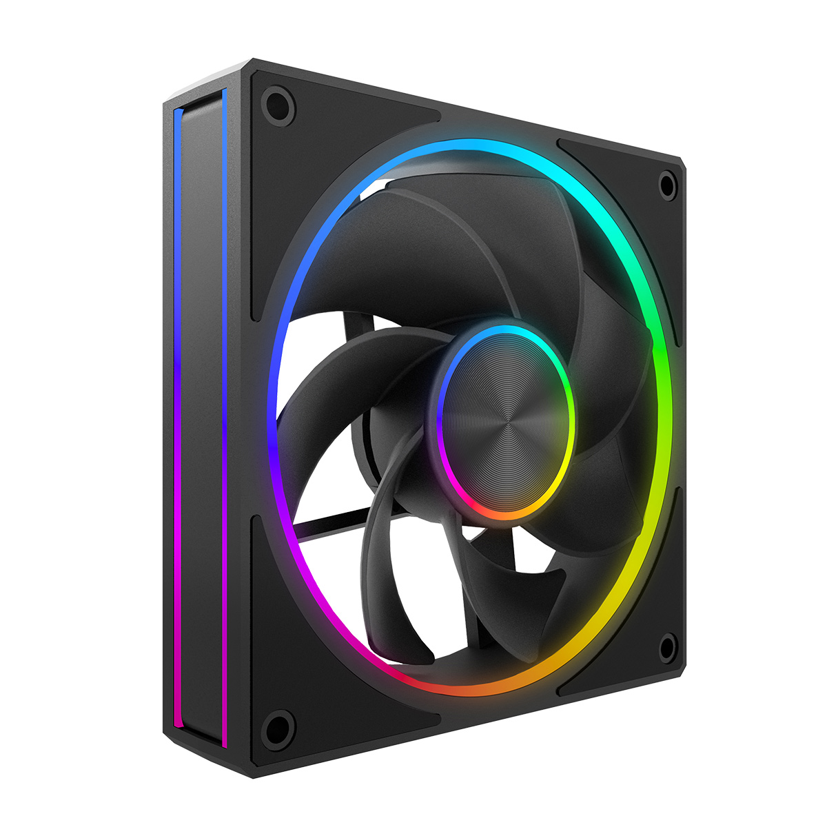 Czarny wentylator komputerowy z oświetleniem RGB na białym tle.