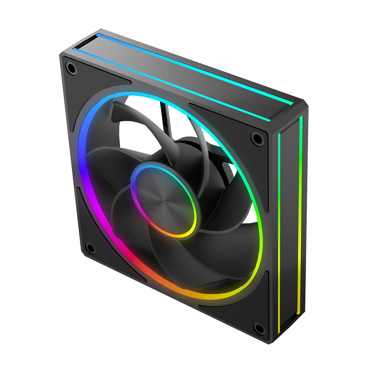 Czarny wentylator komputerowy z kolorowym podświetleniem RGB na ramie i piaście.