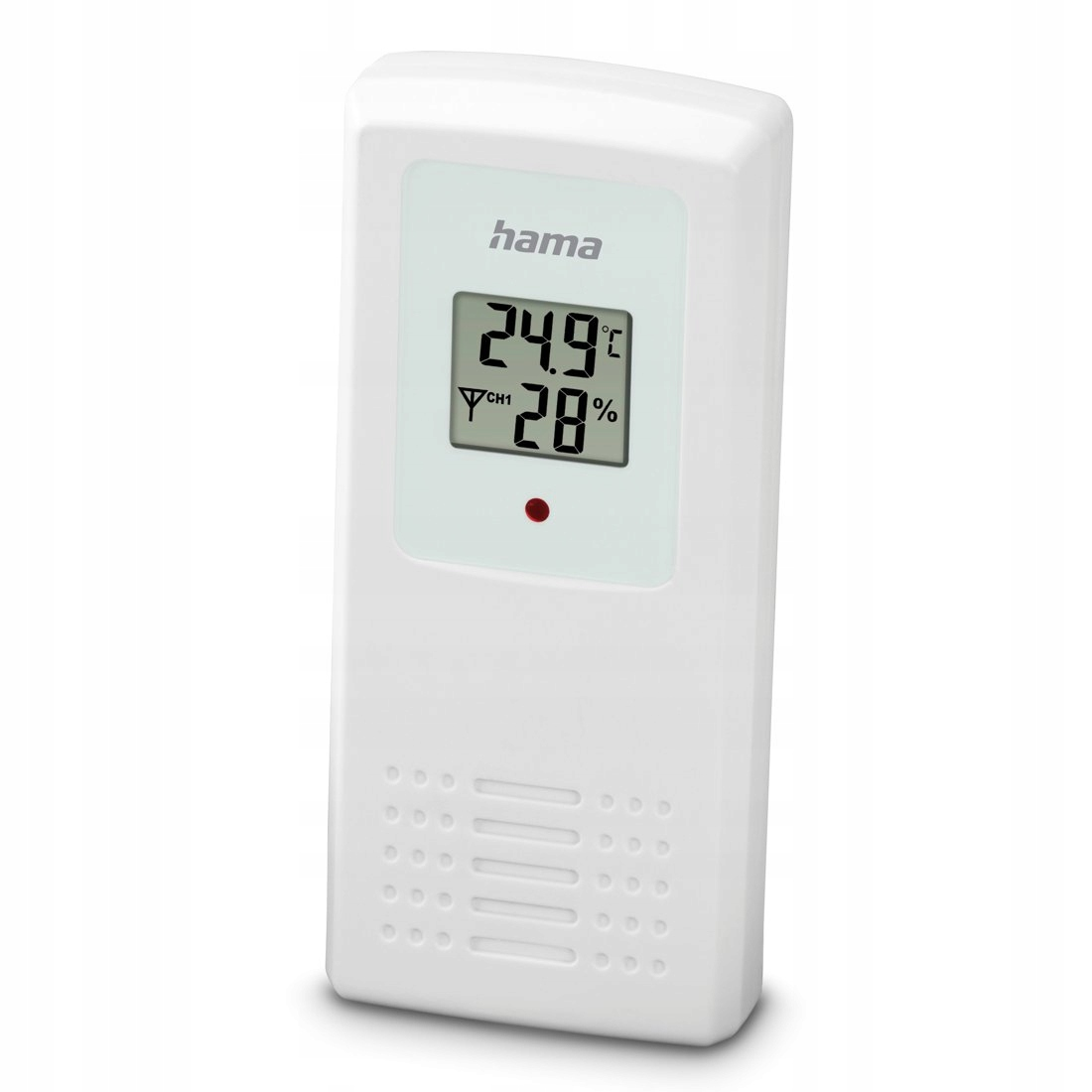 Un termometro Hama bianco mostra 24.9C e 28% di umidit.