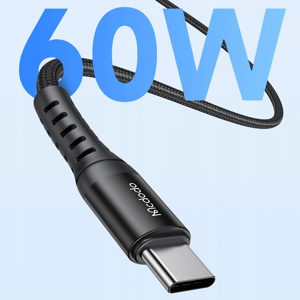 Mavi 60W yazılı siyah USB-C kablosu.