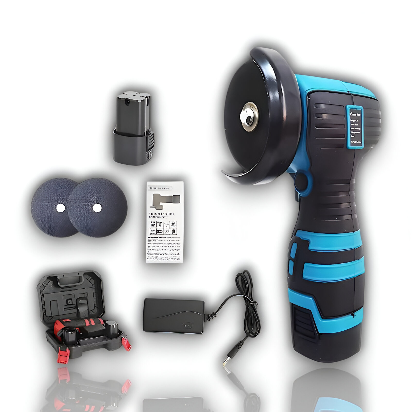 Amoladora angular inalámbrica azul y negra con accesorios: batería, cargador, maletín, discos.
