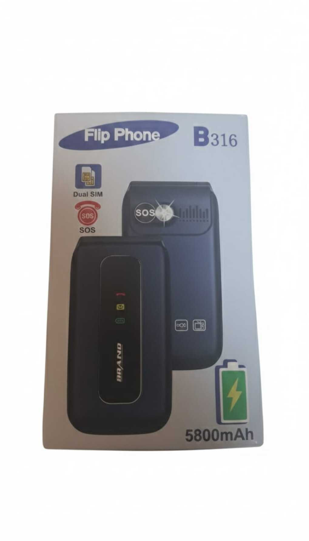 Caja de un teléfono plegable negro, con etiqueta "Flip Phone B316".