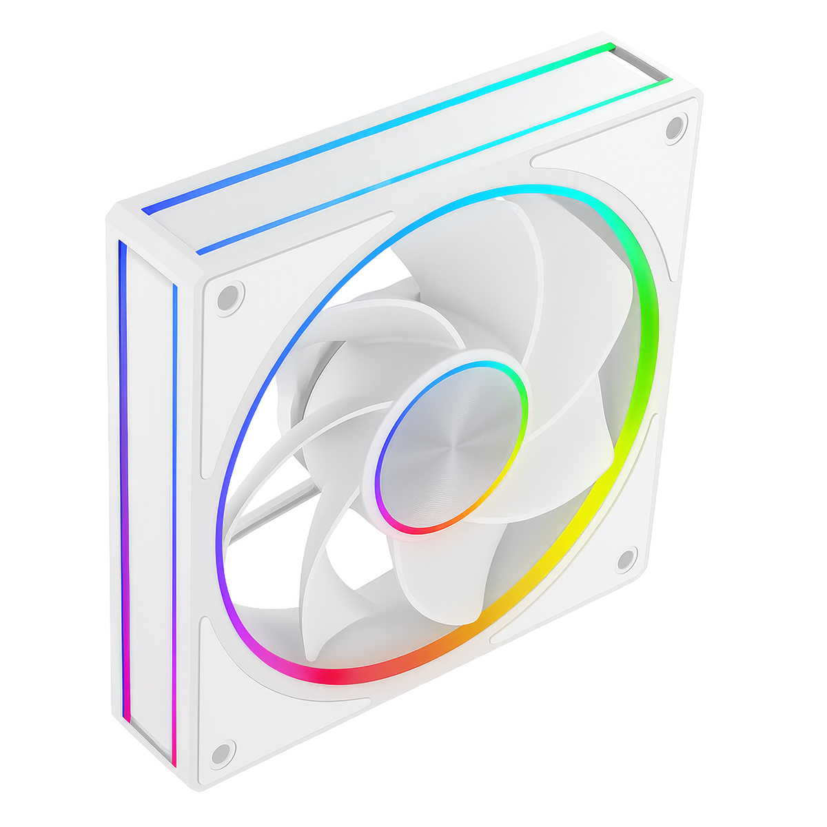 Biały wentylator komputerowy z kolorowym oświetleniem RGB na ramie i łopatkach.