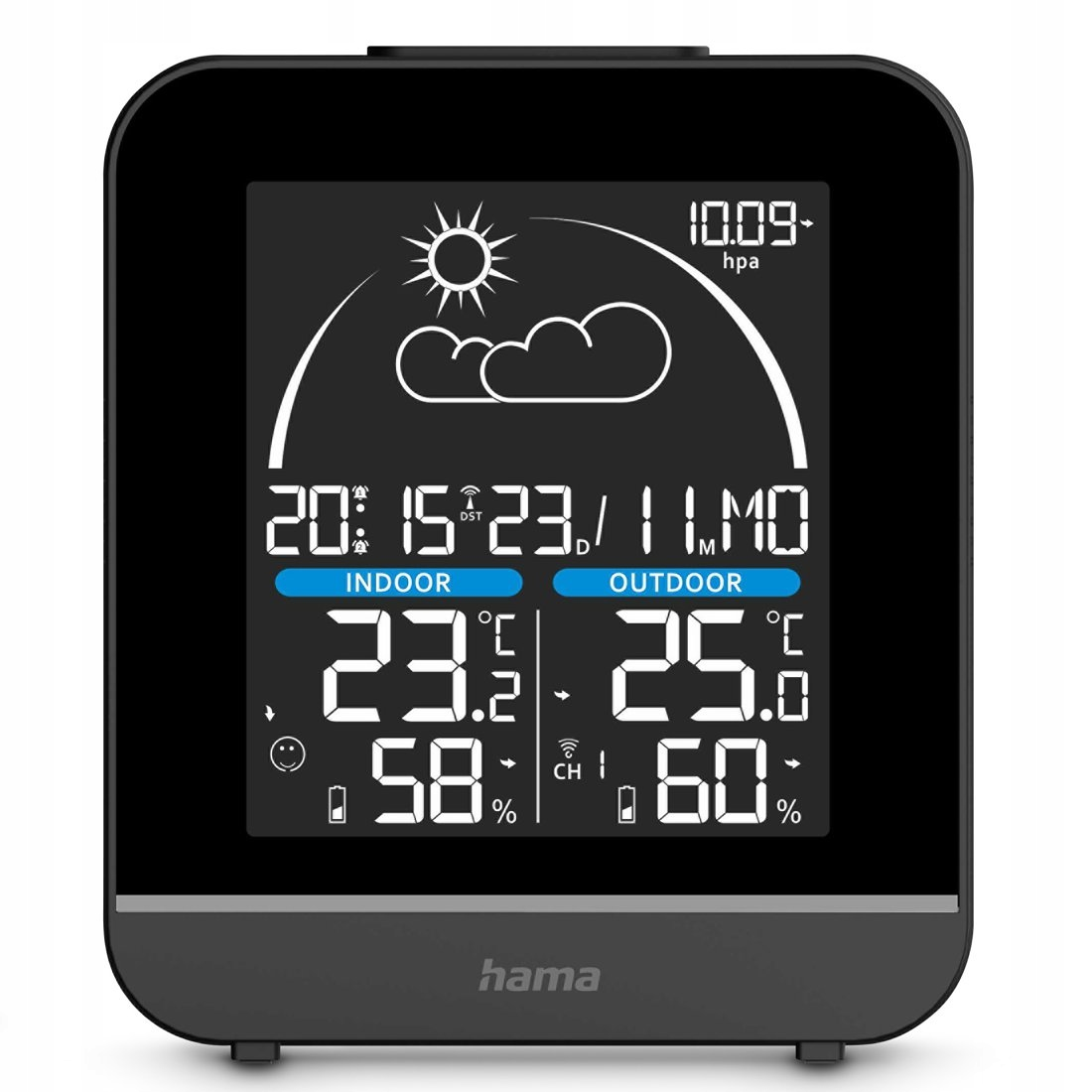 Digitaluhr mit Wetteranzeige: 10.09 hPa, 20:15 Uhr, 23. Dez, Mo. Innentemperatur 23.2°C, 58% Luftfeuchtigkeit. Außentemperatur 25.0°C, 60%.