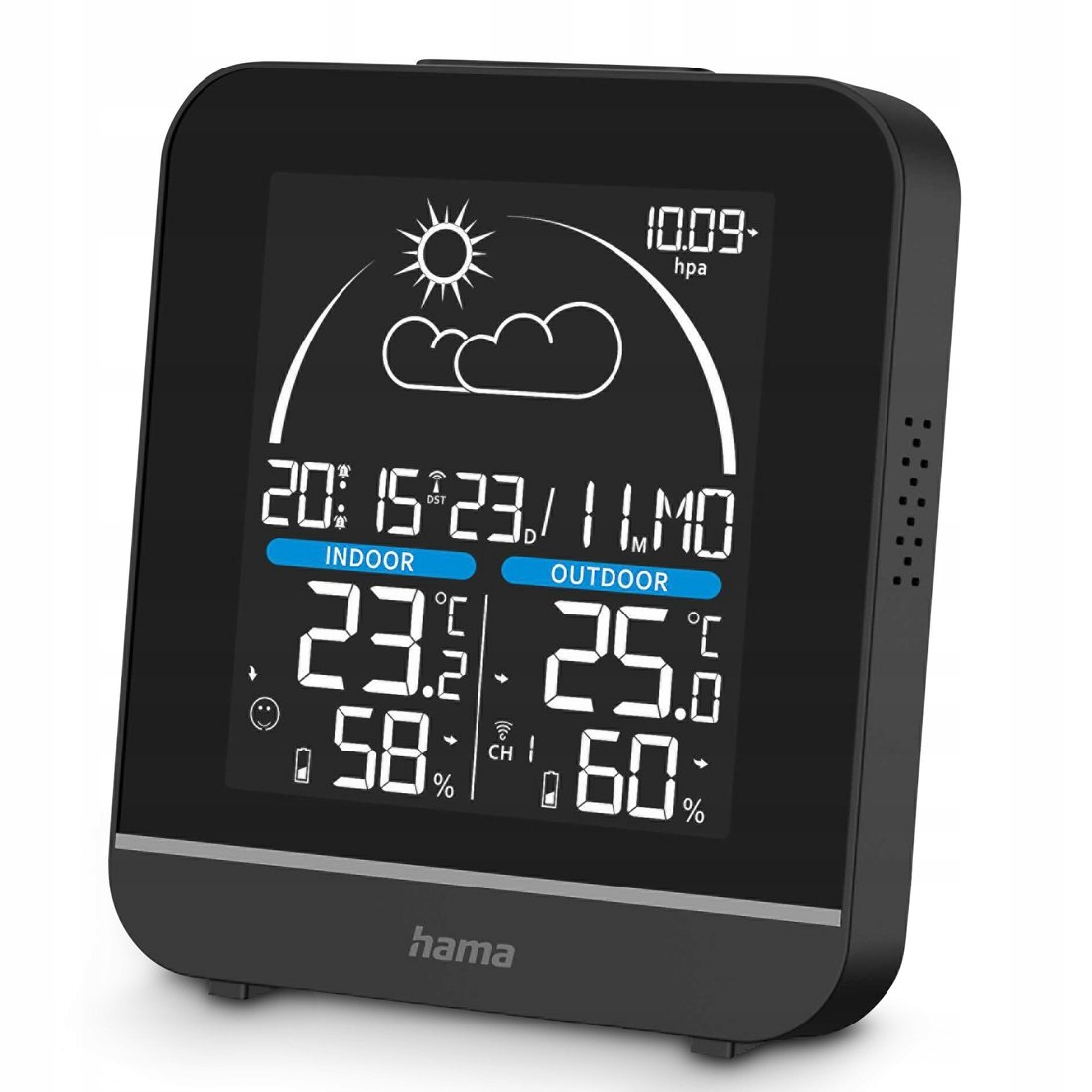Digitaluhr zeigt Innen- und Außentemperatur, Luftfeuchtigkeit und Wetter an.