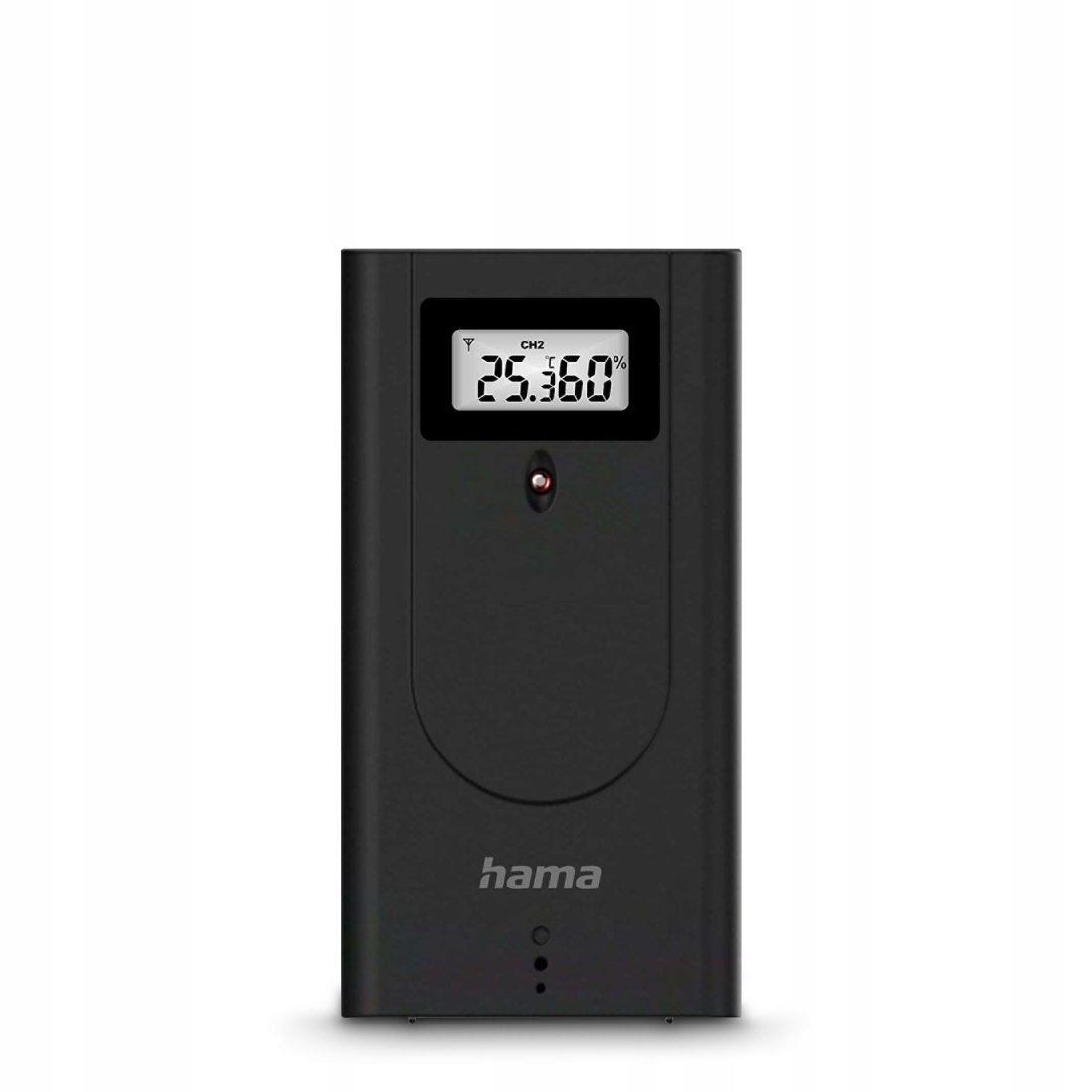 Ein schwarzes Hama-Wetterstation-Display zeigt 25,36 Grad Celsius und Prozent an.