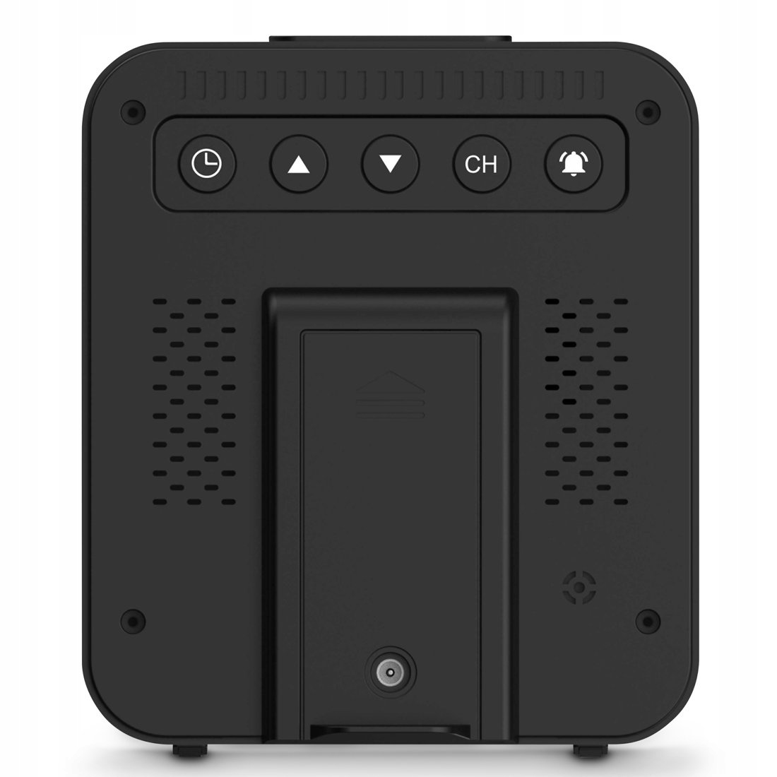 Rückseite eines schwarzen Weckers mit Knöpfen und Batteriefach.