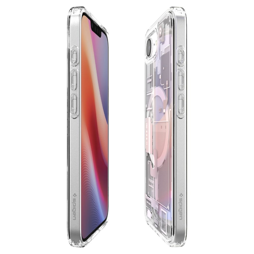 Zwei transparente Handyhüllen nebeneinander, eine zeigt das Display, die andere die interne Mechanik.