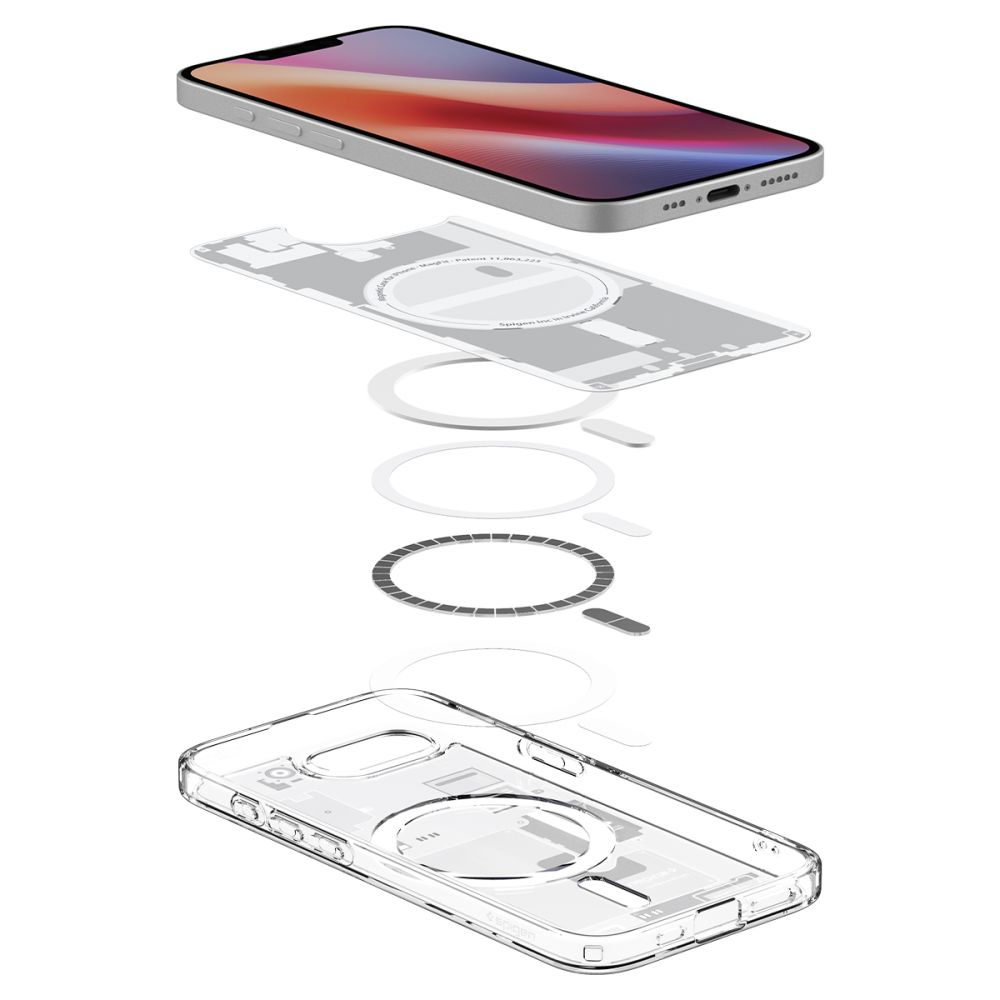 Explodierte Ansicht eines transparenten Handyhülle-Sets mit Magnetring.