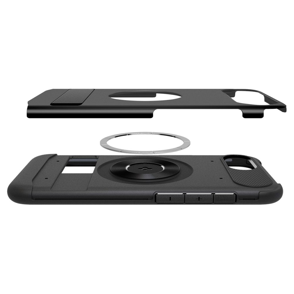 Schwarze Handyhülle mit Magnetring und abnehmbarer Rückseite.