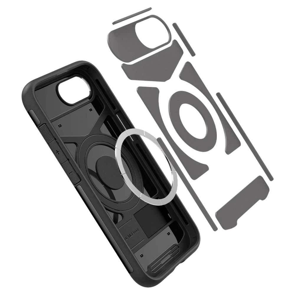 Ein schwarzes Handy-Case mit einem magnetischen Ring und Schutzfolien.