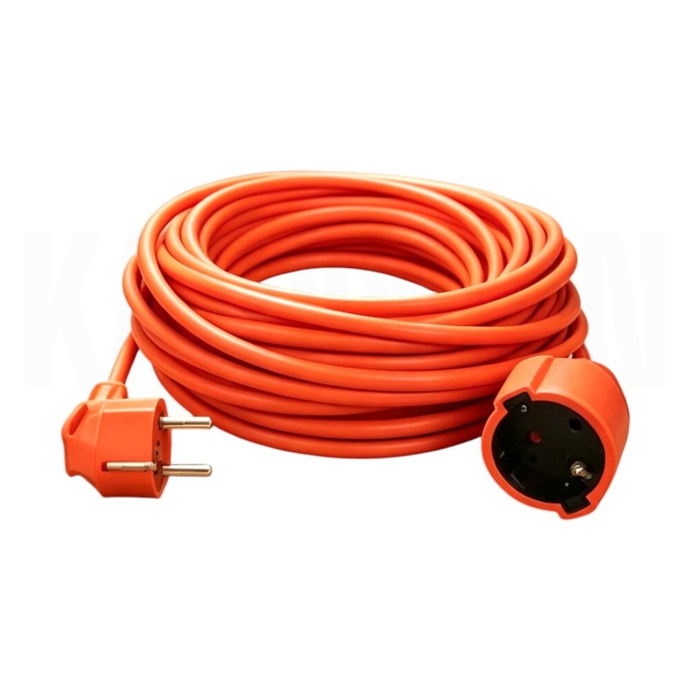 Un cable de extensión naranja enrollado con enchufes.