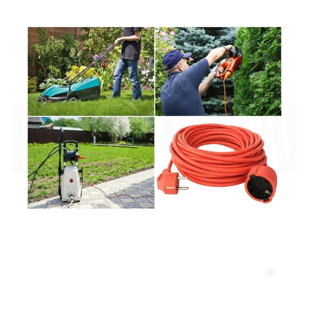 Hombre cortando césped, hombre podando seto, hidrolimpiadora, cable alargador naranja.