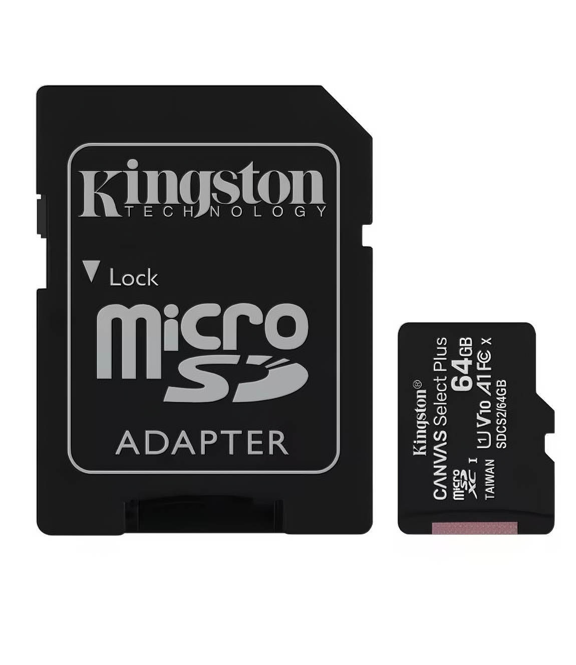 Adaptador Kingston MicroSD y tarjeta SD de 64GB. El adaptador es negro con texto blanco.